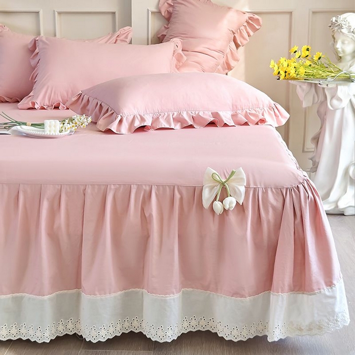 91家纺网 家纺一手货源 找家纺 乐朵家居 2026新款 25-3郁金香 天丝缎蕾丝床裙+可配空调 豆沙粉