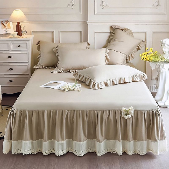 91家纺网 家纺一手货源 找家纺 乐朵家居 2026新款 25-3郁金香 天丝缎蕾丝床裙+可配空调 卡其