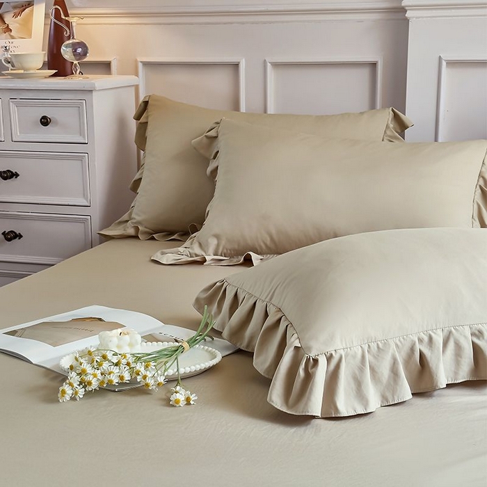 91家纺网 家纺一手货源 找家纺 乐朵家居 2026新款 25-3郁金香 天丝缎蕾丝床裙+可配空调 卡其