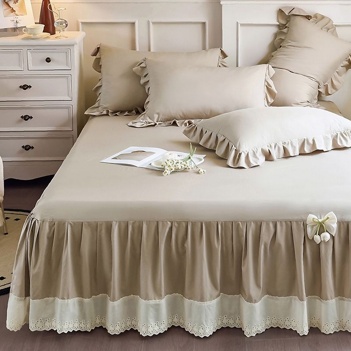 91家纺网 家纺一手货源 找家纺 乐朵家居 2026新款 25-3郁金香 天丝缎蕾丝床裙+可配空调 卡其