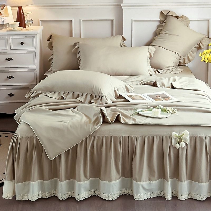 91家纺网 家纺一手货源 找家纺 乐朵家居 2026新款 25-3郁金香 天丝缎蕾丝床裙+可配空调 卡其