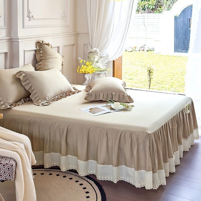 91家纺网 家纺一手货源 找家纺 乐朵家居 2026新款 25-3郁金香 天丝缎蕾丝床裙+可配空调 卡其