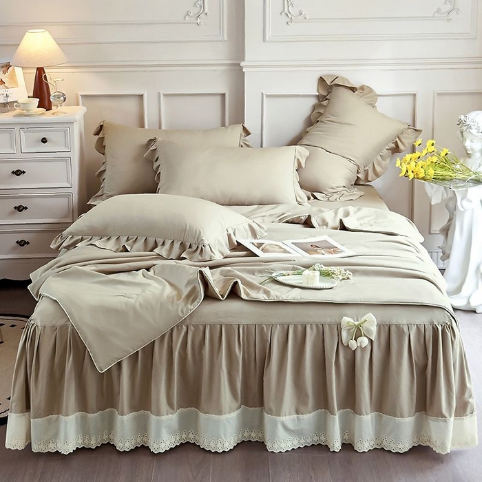 91家纺网 家纺一手货源 找家纺 乐朵家居 2026新款 25-3郁金香 天丝缎蕾丝床裙+可配空调 卡其