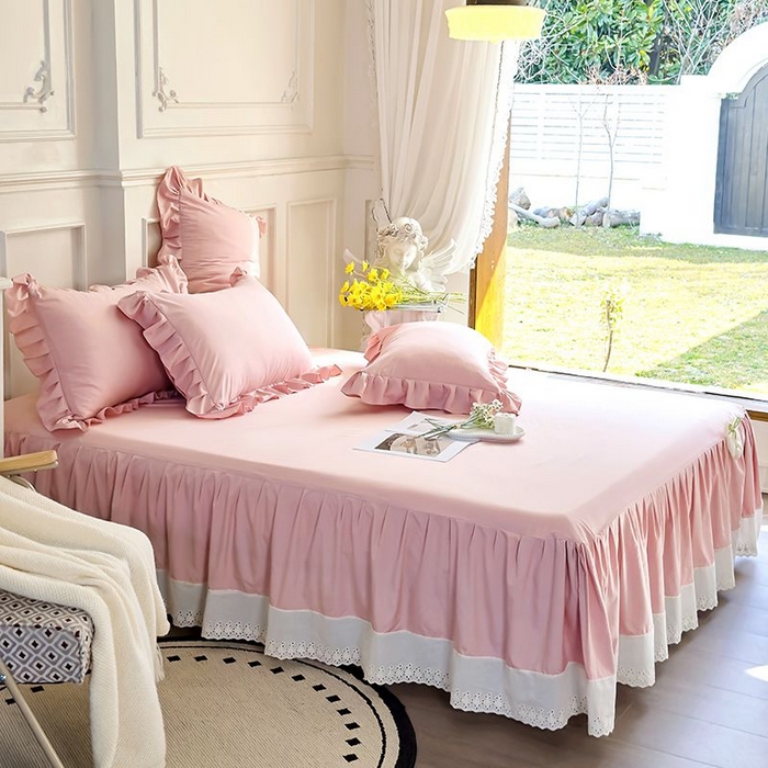 91家纺网 家纺一手货源 找家纺 乐朵家居 2026新款 25-3郁金香 天丝缎蕾丝床裙+可配空调 豆沙粉