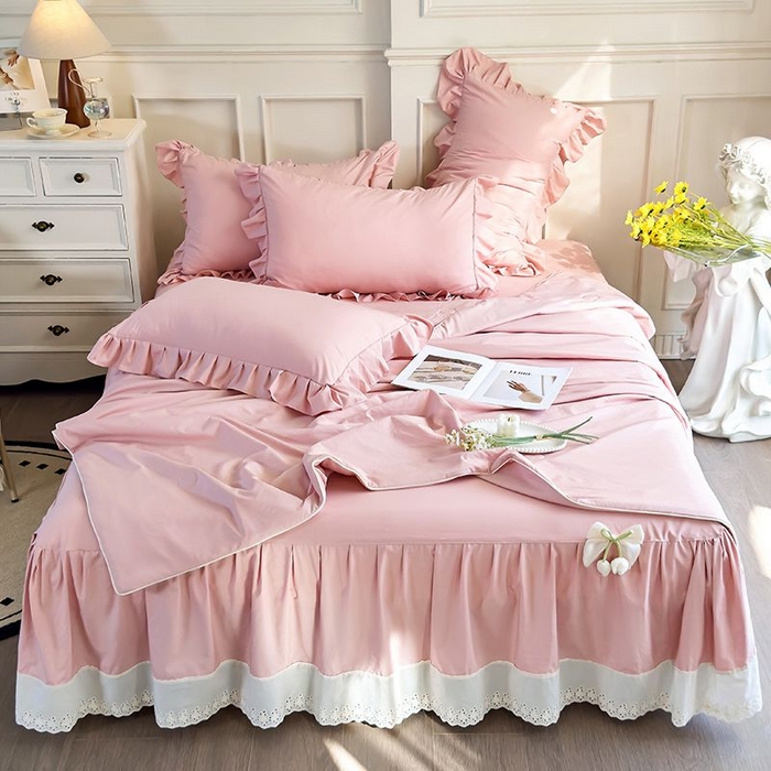 91家纺网 家纺一手货源 找家纺 乐朵家居 2026新款 25-3郁金香 天丝缎蕾丝床裙+可配空调 豆沙粉