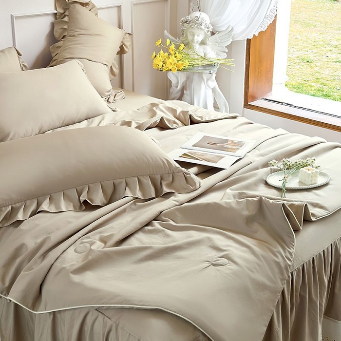 91家纺网 家纺一手货源 找家纺 乐朵家居 2026新款 25-3郁金香 天丝缎蕾丝床裙+可配空调 卡其