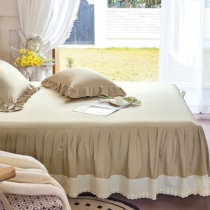 91家纺网 家纺一手货源 找家纺 乐朵家居 2026新款 25-3郁金香 天丝缎蕾丝床裙+可配空调 卡其