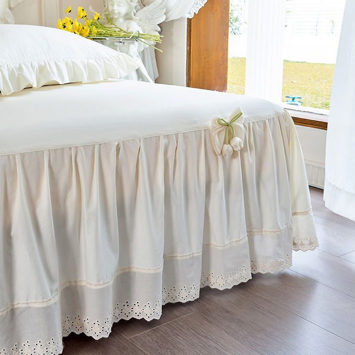 91家纺网 家纺一手货源 找家纺 乐朵家居 2026新款 25-3郁金香 天丝缎蕾丝床裙+可配空调 米白