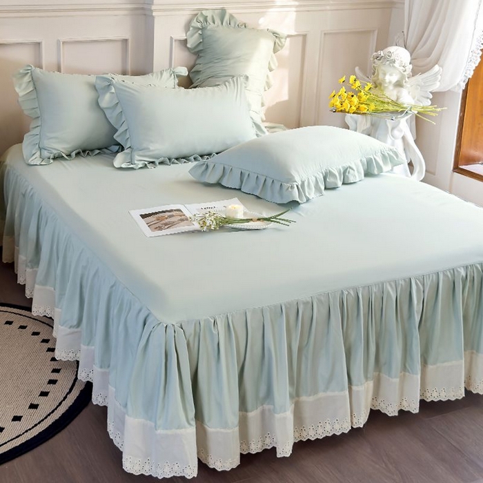 91家纺网 家纺一手货源 找家纺 乐朵家居 2026新款 25-3郁金香 天丝缎蕾丝床裙+可配空调绿