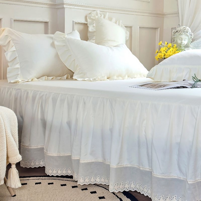 91家纺网 家纺一手货源 找家纺 乐朵家居 2026新款 25-3郁金香 天丝缎蕾丝床裙+可配空调 米白