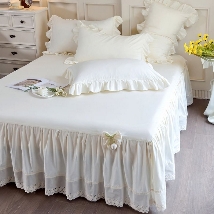 91家纺网 家纺一手货源 找家纺 乐朵家居 2026新款 25-3郁金香 天丝缎蕾丝床裙+可配空调 米白