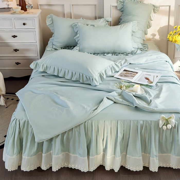 91家纺网 家纺一手货源 找家纺 乐朵家居 2026新款 25-3郁金香 天丝缎蕾丝床裙+可配空调绿