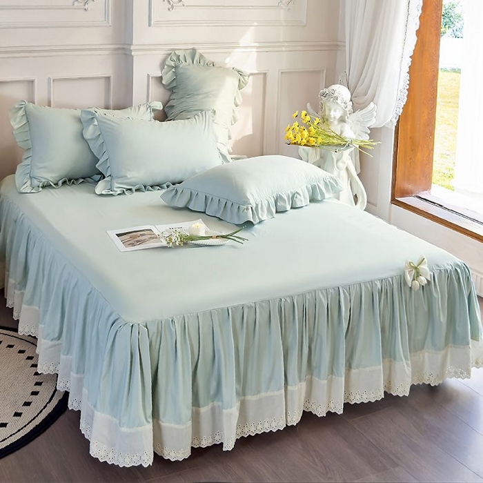 91家纺网 家纺一手货源 找家纺 乐朵家居 2026新款 25-3郁金香 天丝缎蕾丝床裙+可配空调绿