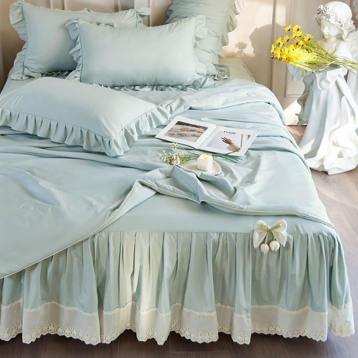 91家纺网 家纺一手货源 找家纺 乐朵家居 2026新款 25-3郁金香 天丝缎蕾丝床裙+可配空调绿