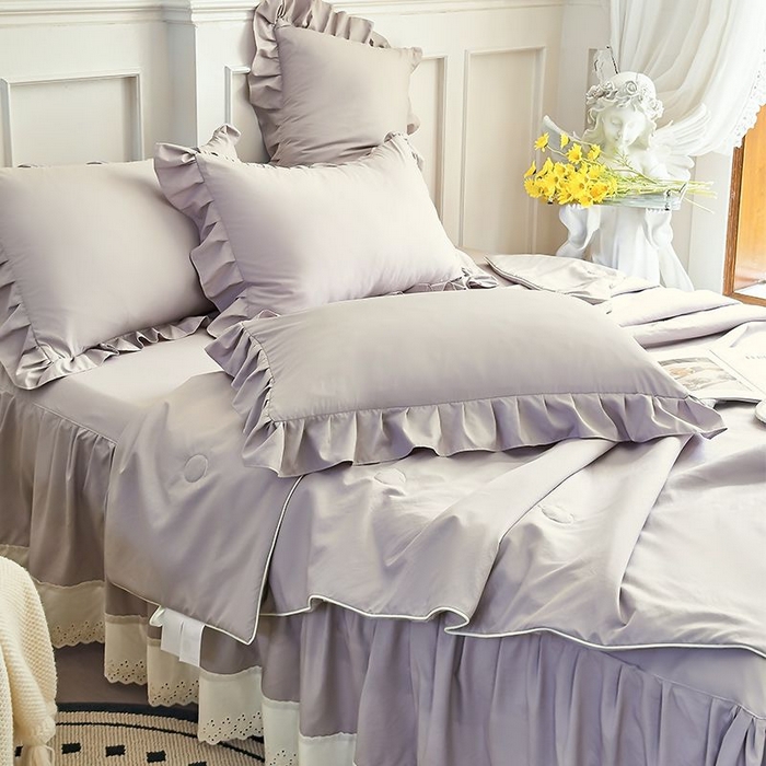 91家纺网 家纺一手货源 找家纺 乐朵家居 2026新款 25-3郁金香 天丝缎蕾丝床裙+可配空调 灰色