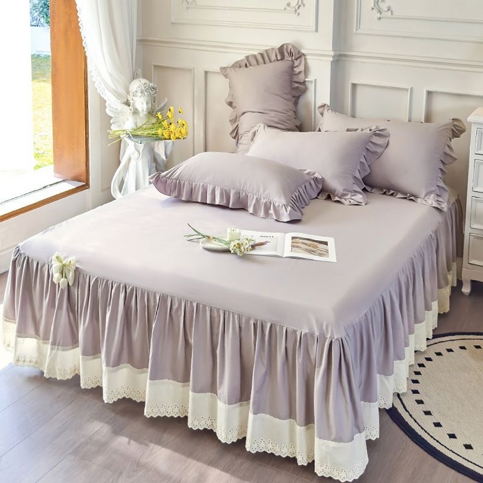 91家纺网 家纺一手货源 找家纺 乐朵家居 2026新款 25-3郁金香 天丝缎蕾丝床裙+可配空调 灰色