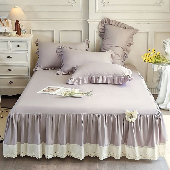 91家纺网 家纺一手货源 找家纺 乐朵家居 2026新款 25-3郁金香 天丝缎蕾丝床裙+可配空调 灰色