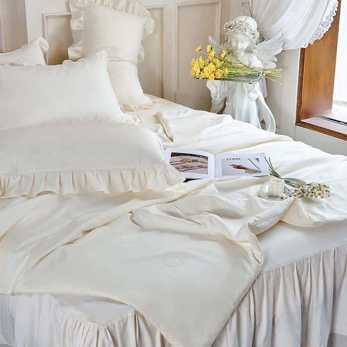 91家纺网 家纺一手货源 找家纺 乐朵家居 2026新款 25-3郁金香 天丝缎蕾丝床裙+可配空调 米白