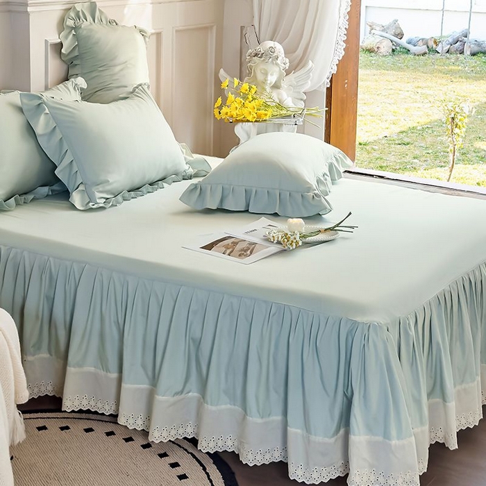 91家纺网 家纺一手货源 找家纺 乐朵家居 2026新款 25-3郁金香 天丝缎蕾丝床裙+可配空调绿