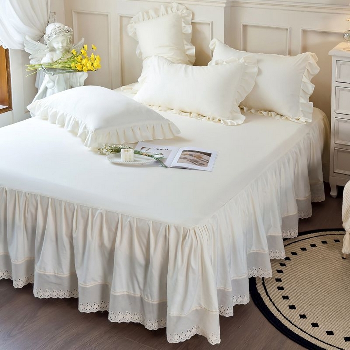 91家纺网 家纺一手货源 找家纺 乐朵家居 2026新款 25-3郁金香 天丝缎蕾丝床裙+可配空调 米白