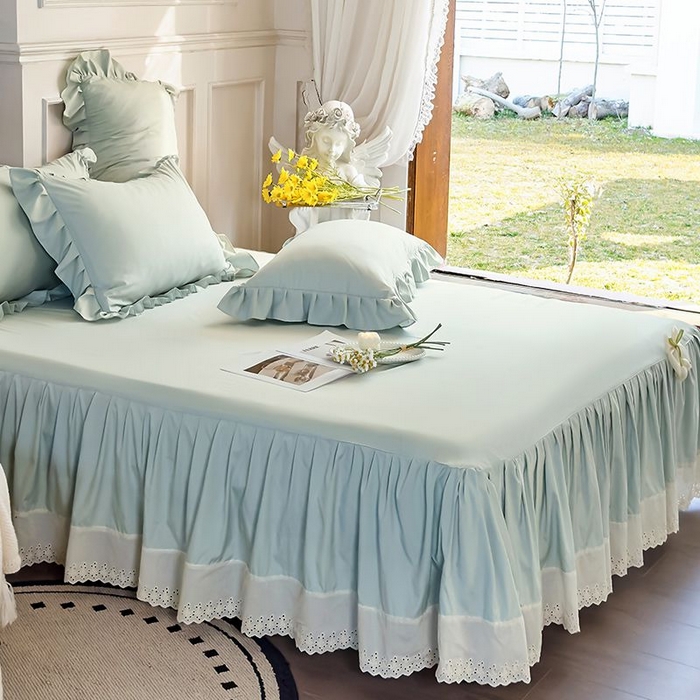 91家纺网 家纺一手货源 找家纺 乐朵家居 2026新款 25-3郁金香 天丝缎蕾丝床裙+可配空调绿