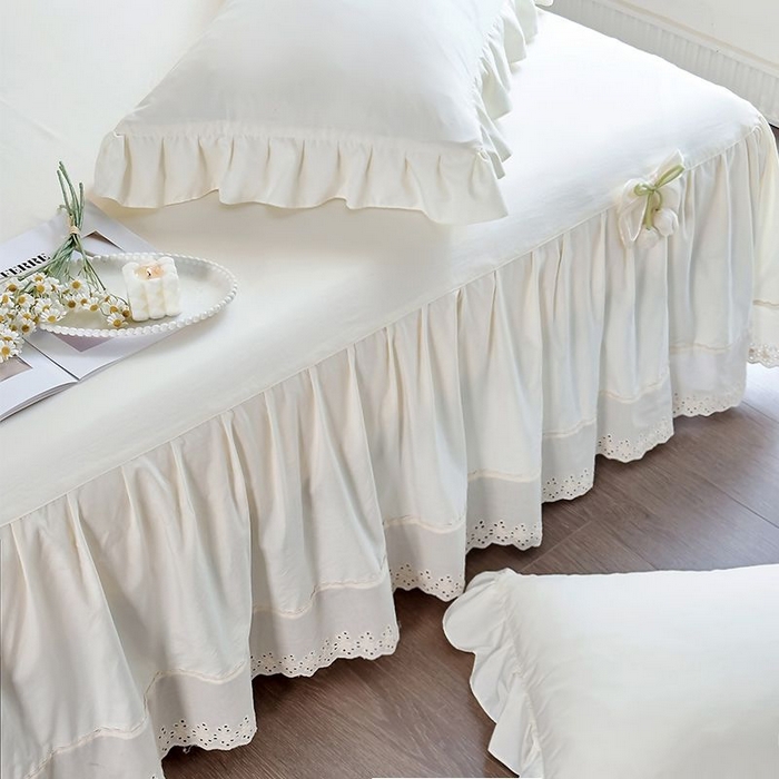 91家纺网 家纺一手货源 找家纺 乐朵家居 2026新款 25-3郁金香 天丝缎蕾丝床裙+可配空调 米白