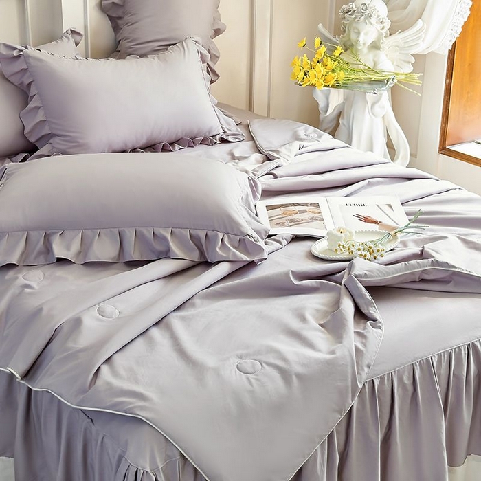 91家纺网 家纺一手货源 找家纺 乐朵家居 2026新款 25-3郁金香 天丝缎蕾丝床裙+可配空调 灰色