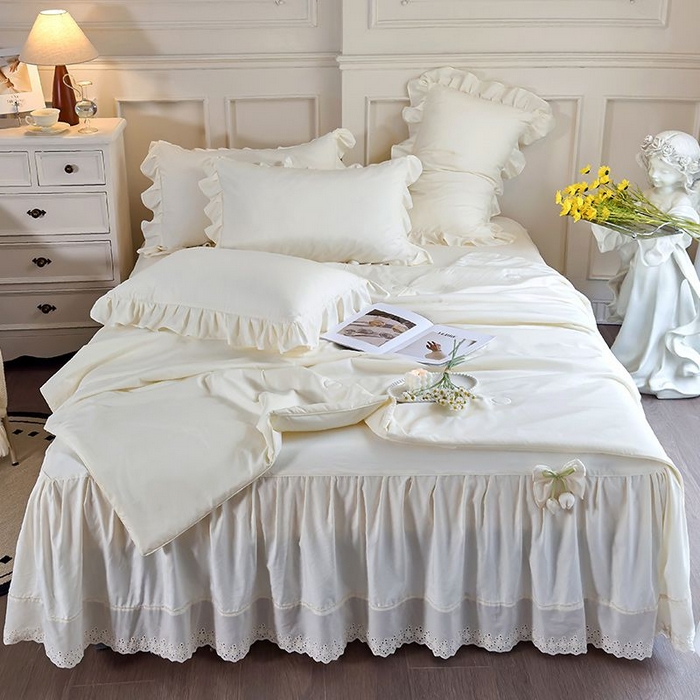 91家纺网 家纺一手货源 找家纺 乐朵家居 2026新款 25-3郁金香 天丝缎蕾丝床裙+可配空调 米白