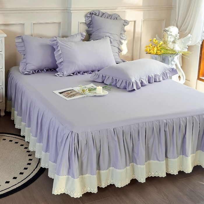 91家纺网 家纺一手货源 找家纺  乐朵家居 2026新款 25-3郁金香 天丝缎蕾丝床裙+可配空调 紫