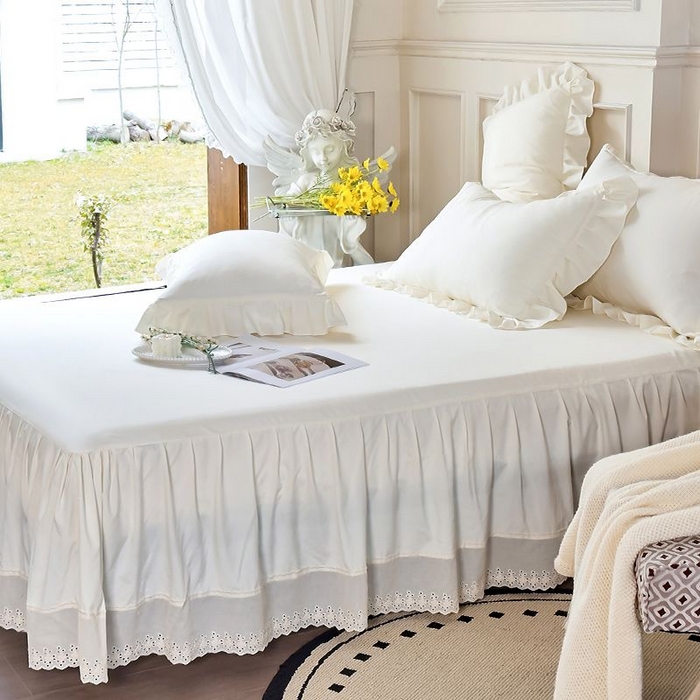 91家纺网 家纺一手货源 找家纺 乐朵家居 2026新款 25-3郁金香 天丝缎蕾丝床裙+可配空调 米白