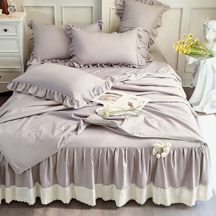 91家纺网 家纺一手货源 找家纺 乐朵家居 2026新款 25-3郁金香 天丝缎蕾丝床裙+可配空调 灰色