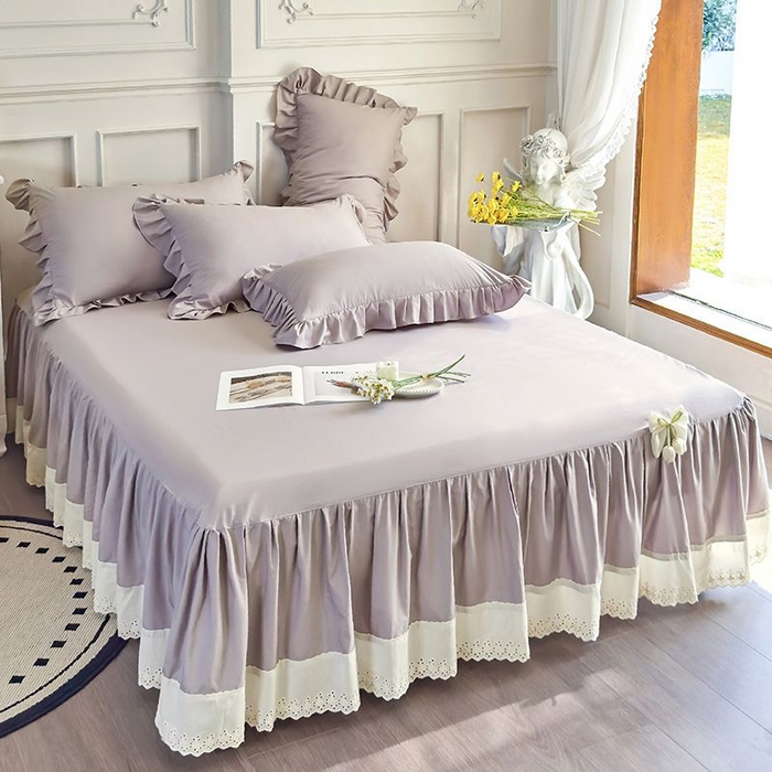 91家纺网 家纺一手货源 找家纺 乐朵家居 2026新款 25-3郁金香 天丝缎蕾丝床裙+可配空调 灰色