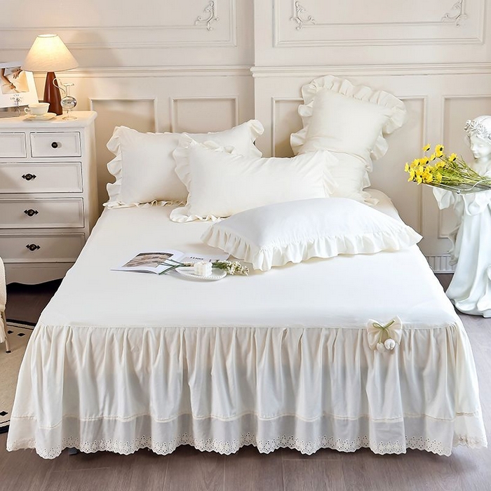 91家纺网 家纺一手货源 找家纺 乐朵家居 2026新款 25-3郁金香 天丝缎蕾丝床裙+可配空调 米白