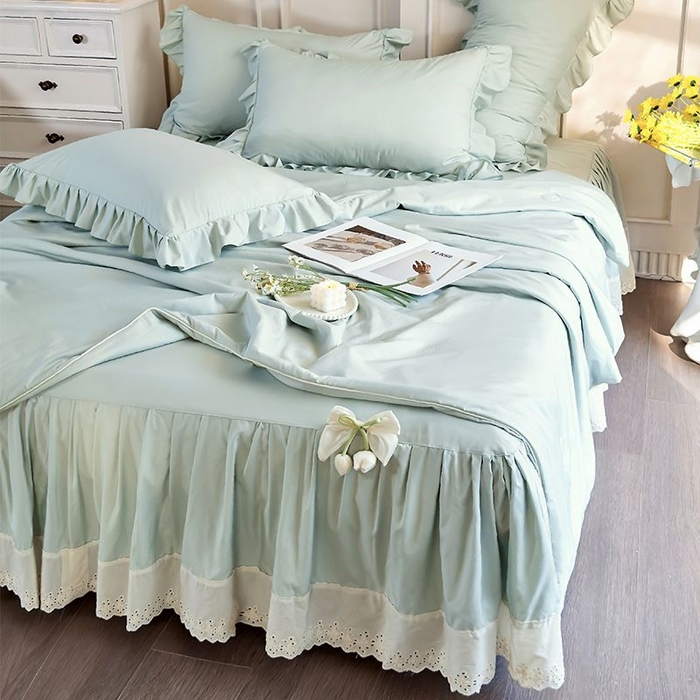 91家纺网 家纺一手货源 找家纺 乐朵家居 2026新款 25-3郁金香 天丝缎蕾丝床裙+可配空调绿