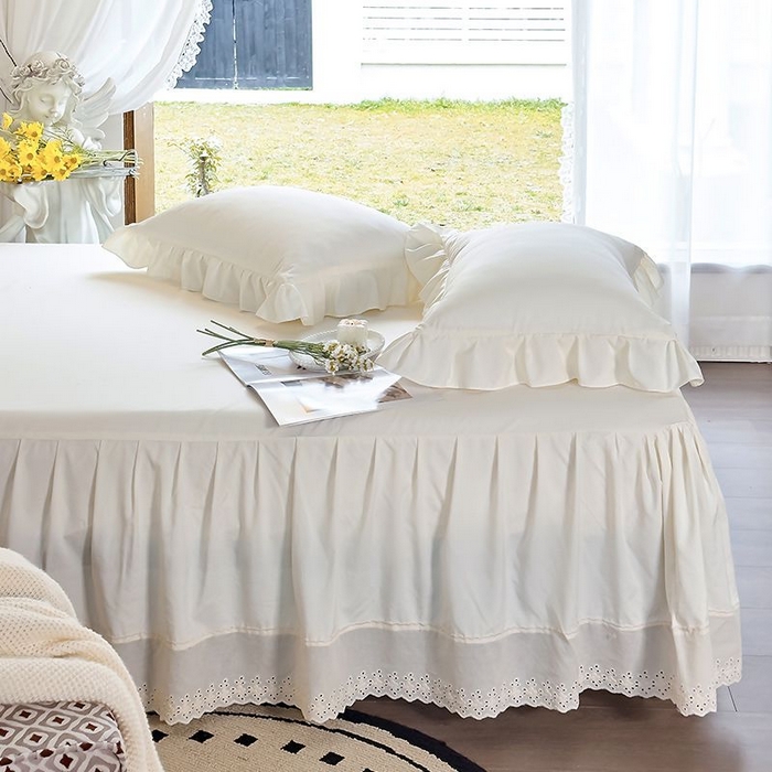 91家纺网 家纺一手货源 找家纺 乐朵家居 2026新款 25-3郁金香 天丝缎蕾丝床裙+可配空调 米白