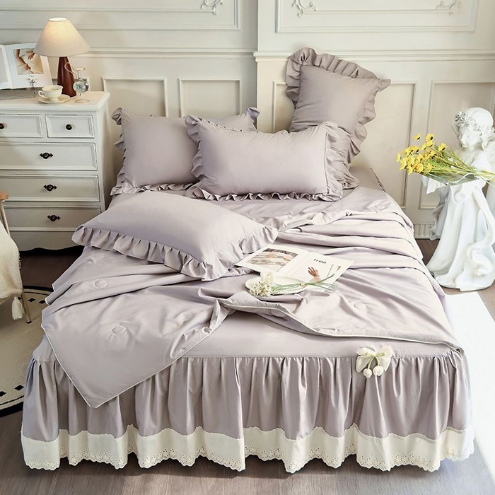 91家纺网 家纺一手货源 找家纺 乐朵家居 2026新款 25-3郁金香 天丝缎蕾丝床裙+可配空调 灰色