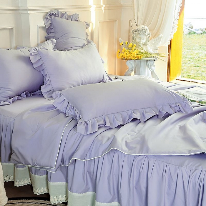 91家纺网 家纺一手货源 找家纺  乐朵家居 2026新款 25-3郁金香 天丝缎蕾丝床裙+可配空调 紫