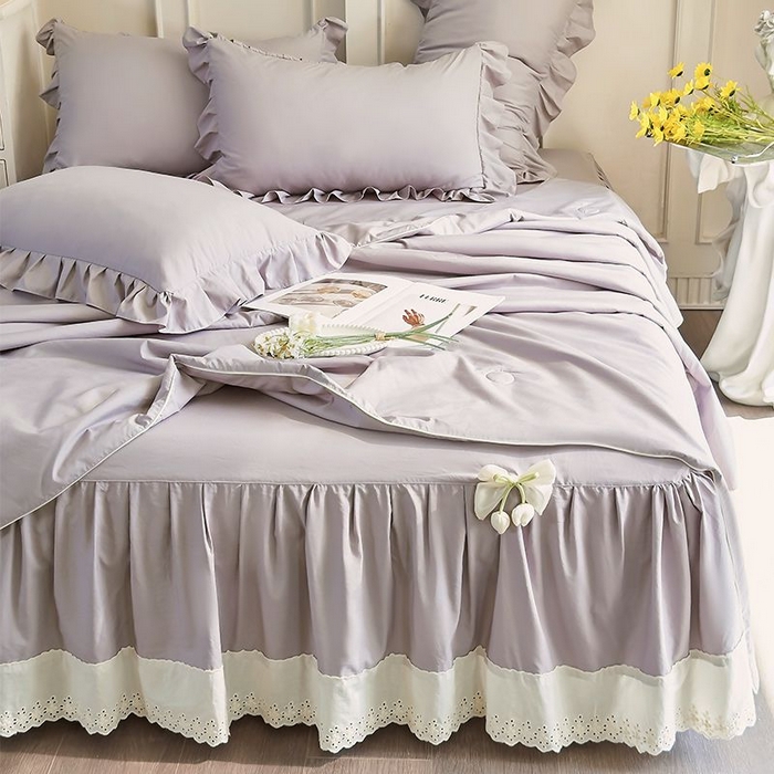 91家纺网 家纺一手货源 找家纺 乐朵家居 2026新款 25-3郁金香 天丝缎蕾丝床裙+可配空调 灰色