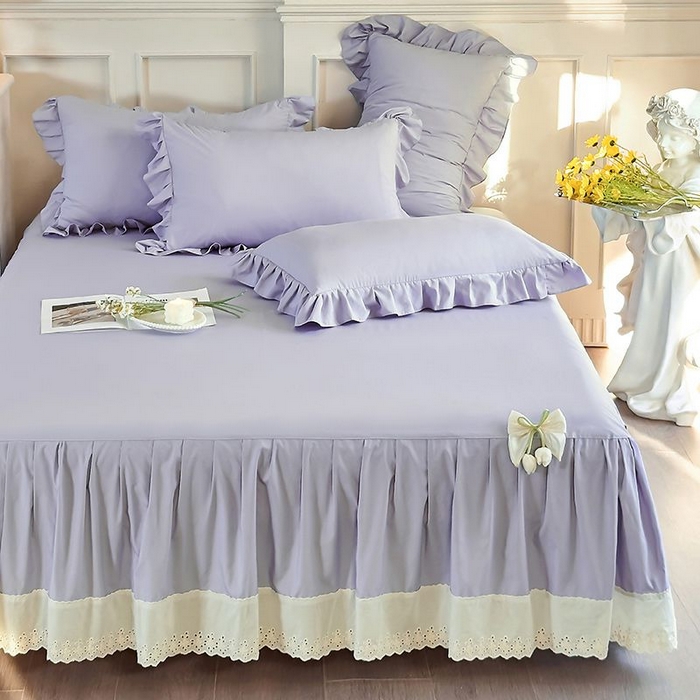 91家纺网 家纺一手货源 找家纺  乐朵家居 2026新款 25-3郁金香 天丝缎蕾丝床裙+可配空调 紫