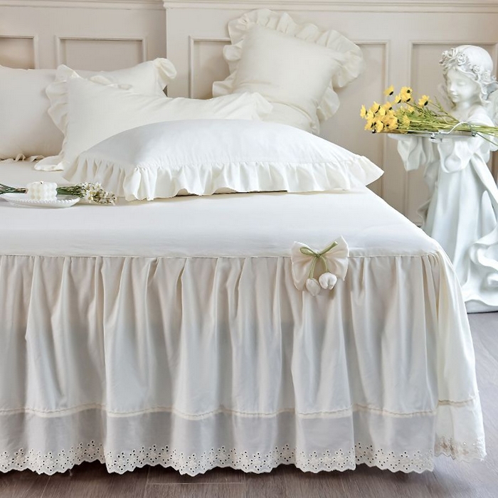 91家纺网 家纺一手货源 找家纺 乐朵家居 2026新款 25-3郁金香 天丝缎蕾丝床裙+可配空调 米白