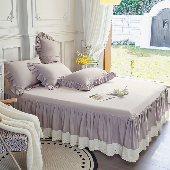 91家纺网 家纺一手货源 找家纺 乐朵家居 2026新款 25-3郁金香 天丝缎蕾丝床裙+可配空调 灰色