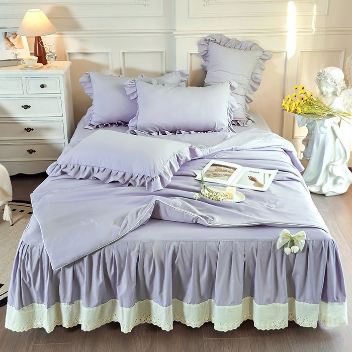 91家纺网 家纺一手货源 找家纺  乐朵家居 2026新款 25-3郁金香 天丝缎蕾丝床裙+可配空调 紫