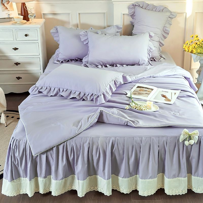 91家纺网 家纺一手货源 找家纺  乐朵家居 2026新款 25-3郁金香 天丝缎蕾丝床裙+可配空调 紫