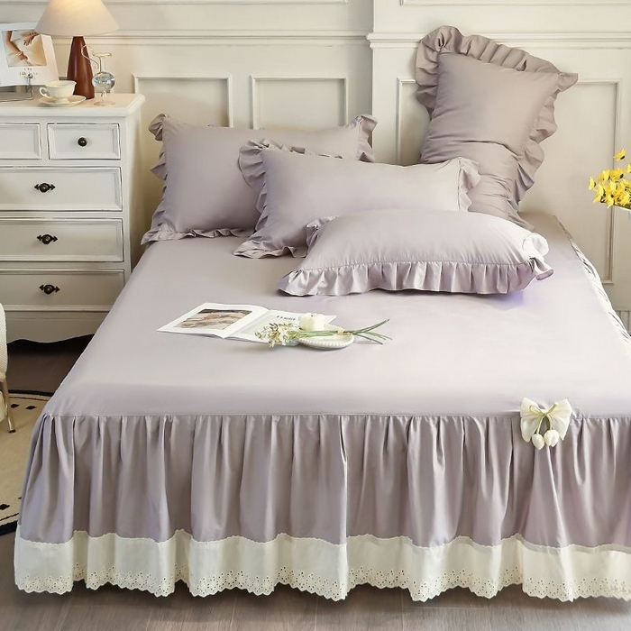 91家纺网 家纺一手货源 找家纺 乐朵家居 2026新款 25-3郁金香 天丝缎蕾丝床裙+可配空调 灰色