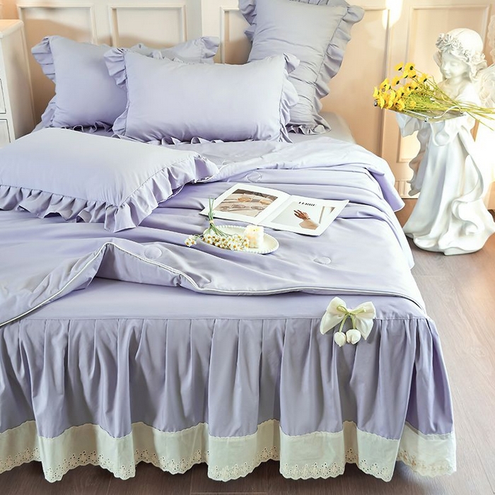 91家纺网 家纺一手货源 找家纺  乐朵家居 2026新款 25-3郁金香 天丝缎蕾丝床裙+可配空调 紫