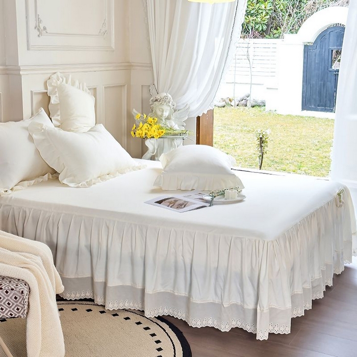 91家纺网 家纺一手货源 找家纺 乐朵家居 2026新款 25-3郁金香 天丝缎蕾丝床裙+可配空调 米白