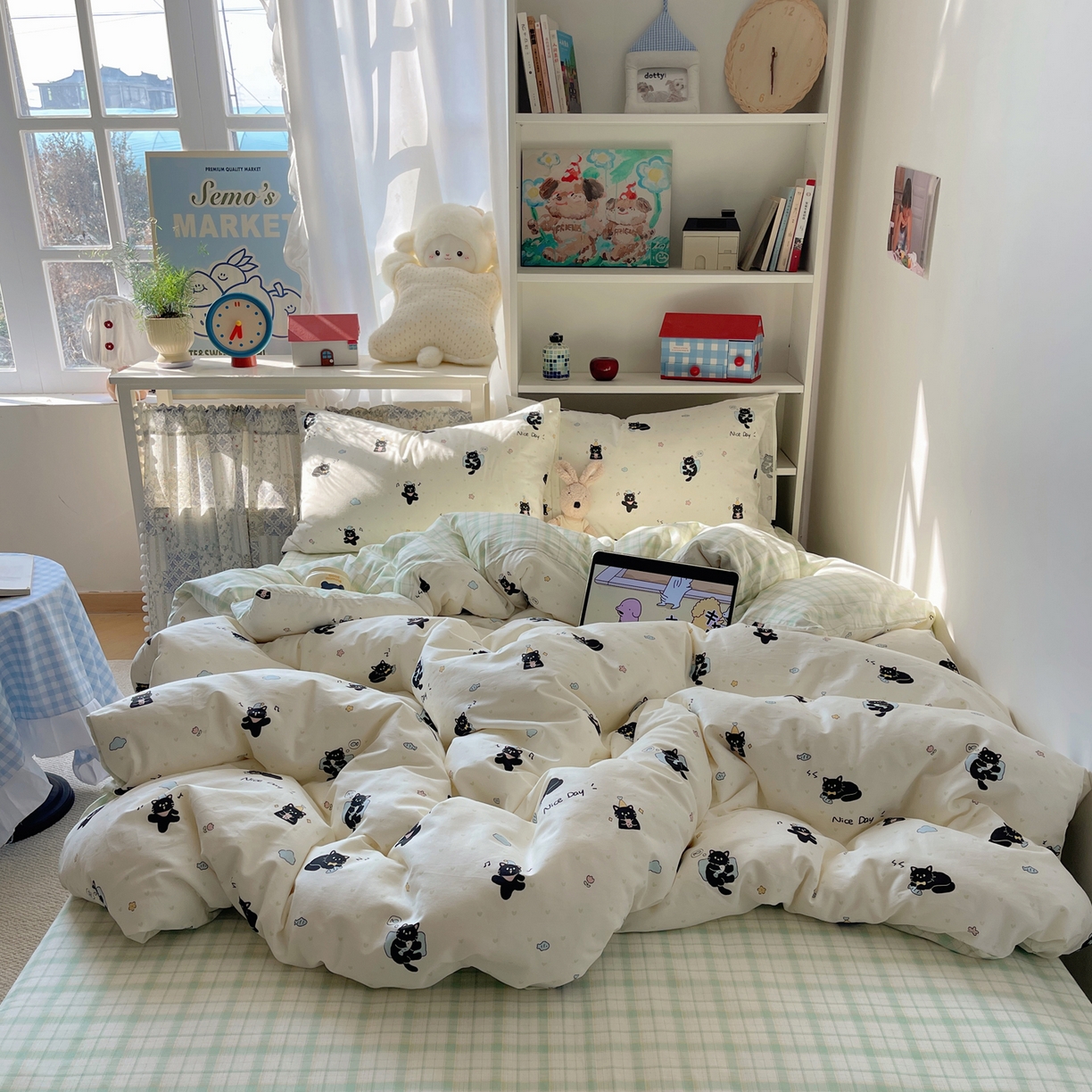 91家纺网 家纺一手货源 找家纺 耀悦家纺 2026新款40支a类全棉纯棉小清新卡通ins风博主风四件套 调皮小黑喵