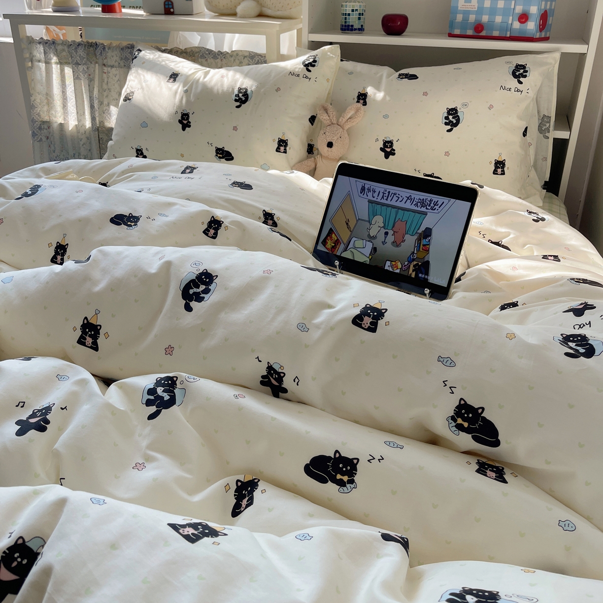 91家纺网 家纺一手货源 找家纺 耀悦家纺 2026新款40支a类全棉纯棉小清新卡通ins风博主风四件套 调皮小黑喵