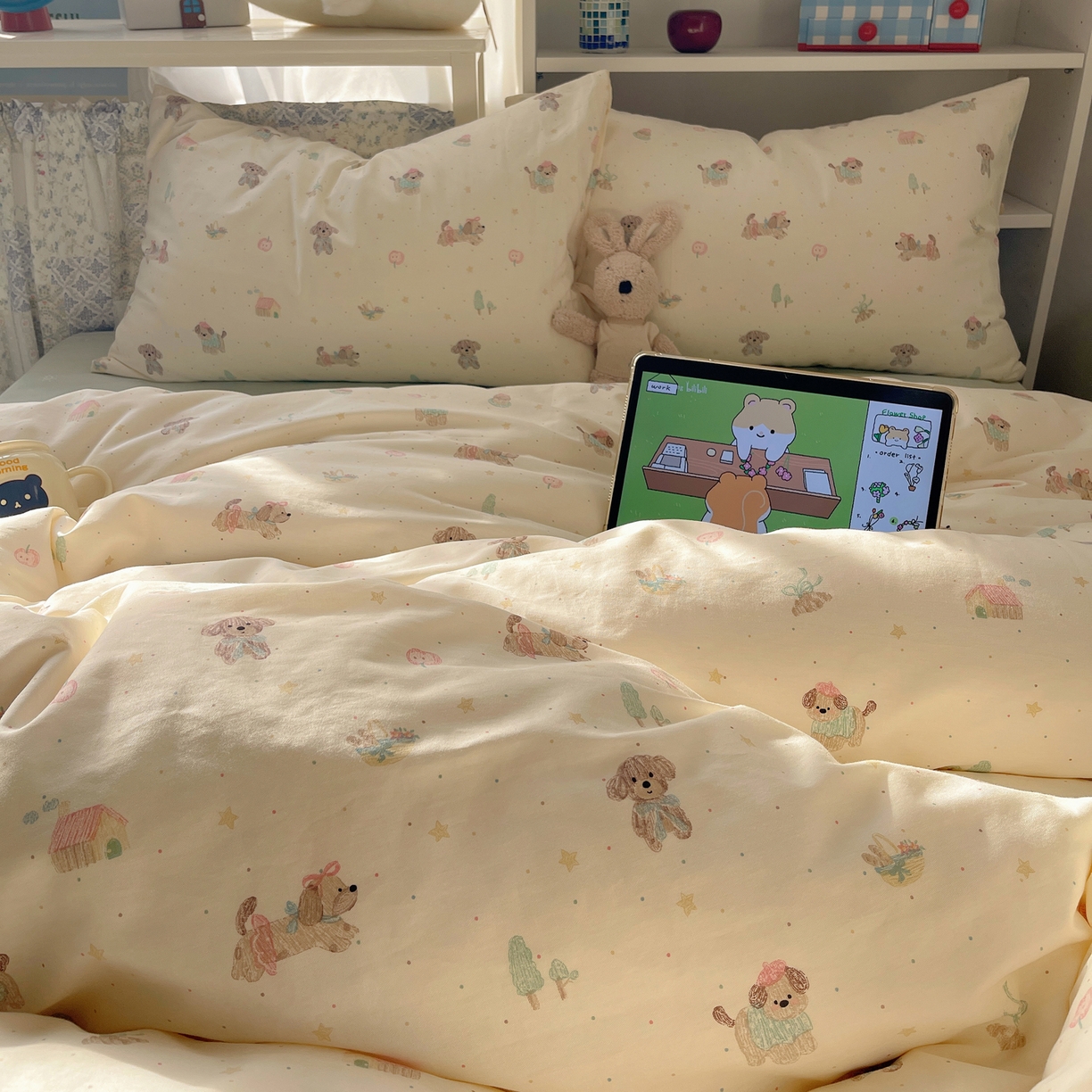 91家纺网 家纺一手货源 找家纺 耀悦家纺 2026新款40支a类全棉纯棉小清新卡通ins风博主风四件套 线喵苹果狗