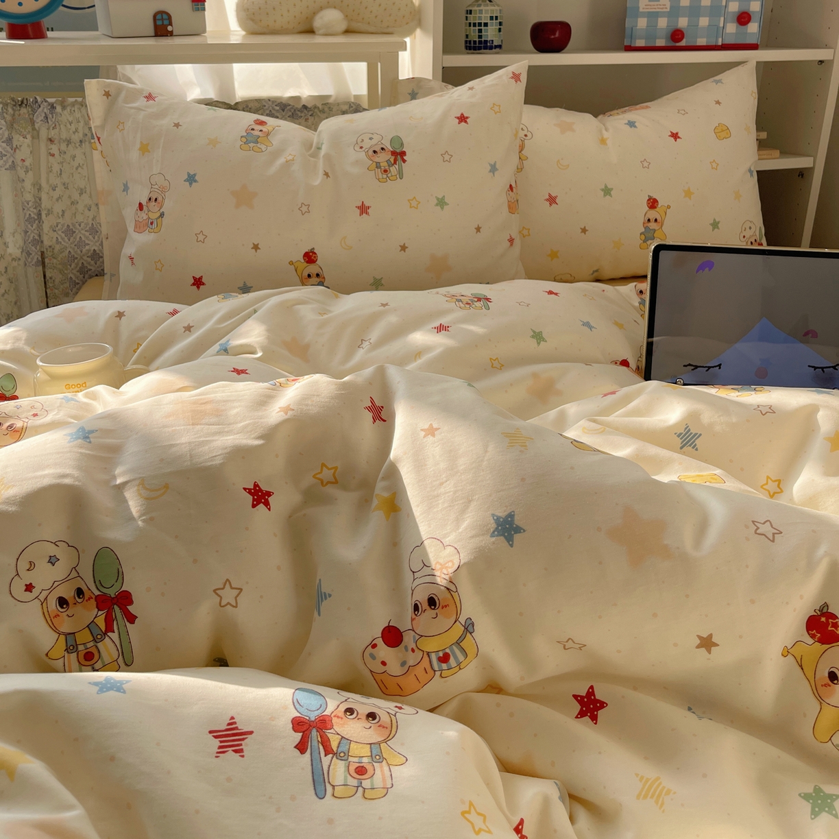 91家纺网 家纺一手货源 找家纺 耀悦家纺 2026新款40支a类全棉纯棉小清新卡通ins风博主风四件套 美食星人